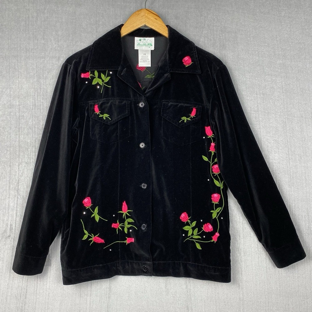 Vtg Quacker Factory Shacked Womens XS Velvet Embroidered Roses Whimsigoth Granny